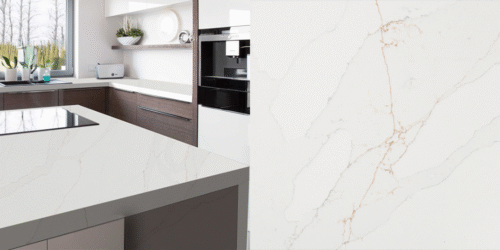 Quartz Calacatta Cannes Gold, 2 cm, Alb