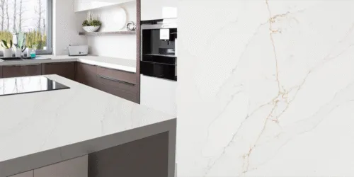 Quartz Calacatta Cannes Gold, 2 cm, Alb