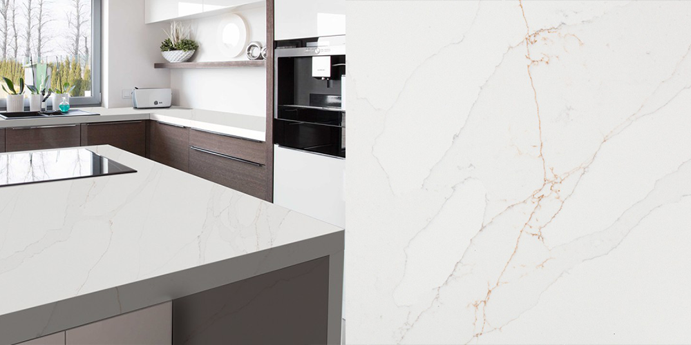 Quartz Calacatta Cannes Gold, 2 cm, Alb