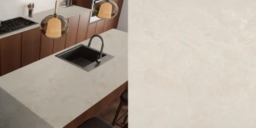 Quartz Tarn crem prezentat într-o bucătărie contemporană